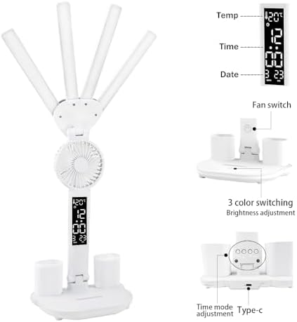Foldable Led Desk Lamp with Fan Clock Light Study, 3 Lighting Modes, Adjustable Table Lamp Dimmable Eye Caring Reading Lamp for Home Office College Dorm Bedroom Bedside