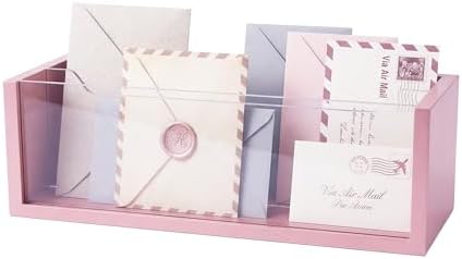 Pink Mail Organizer for Desk, Acrylic Letter Holder with Adjustable Divider