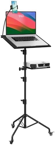 Projector Stand Tripod Laptop Tripod with Wheels & Adjustable Height Portable Podium Stand with Phone Holder Projector Holder for Home, Office, School & DJ Matte Black
