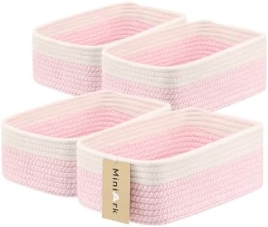 MiniArk Small Storage Baskets for Organizing | Closet Organizer Bins | Shelf Toy Basket | Woven Rope Baskets | Cube Decorative Box | Shallow Basket | 11.5x7.5x4.7” | 4 Packs White Pink