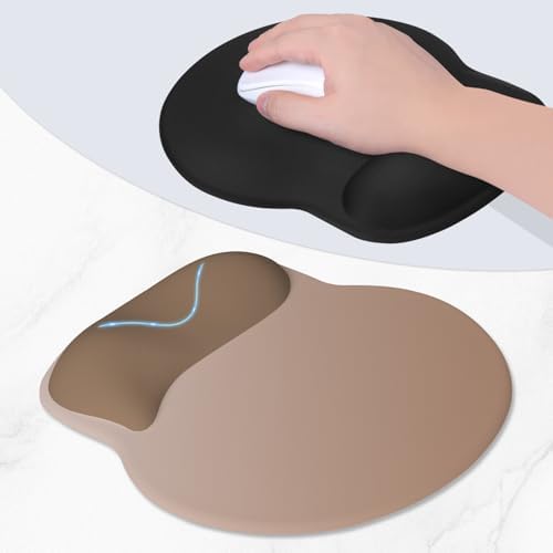 ITNRSIIET Ergonomic Mouse Pad with Wider Memory Foam Wrist Rest +17% - Curved Cushion Reduces Pressure 20%, Pain Relief, Non-Slip, Smooth, Cute Colors, 9.85 x 9 in, Soft Brown
