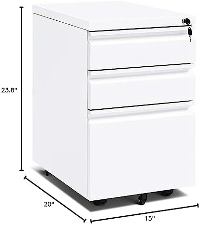 INTERGREAT 3 Drawer Filing Cabinet with Lock, White Mobile File Cabinet with Wheels, Rolling Small Metal Cabinets Under Desk for Home Office, Assembled