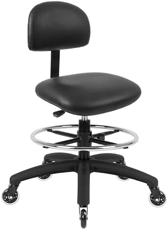 FSS Series Square seat (20"-28") seat Height Chair. Vinyl-for Office, Garage, Desk, Shop, Computer, Doctor, Medical, Easy to Clean! 18" Footring (Black, Mid Stool, Rubber Roller Casters)