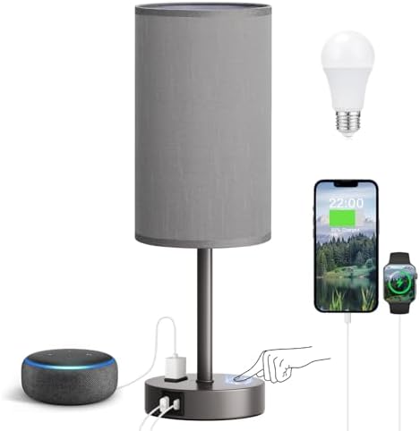 Fenmzee 17.4" Grey Lamp for Bedroom - Dimmable Touch, USB A+C, AC Outlet