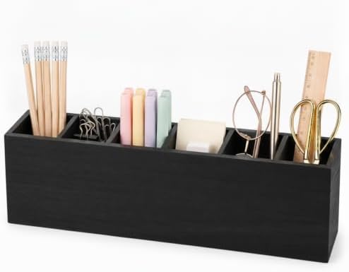 Jetec Wooden Pencil Pen Holder for Desk, Black, 6 Compartments