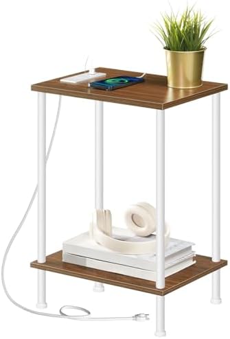 HOOBRO Side Table with Charging Station, End Table with USB Port and Outlets, Nightstand with 2-Layer Storage Shelves for Small Spaces, Living Room, Bedroom, Walnut and White WH09UBZ01