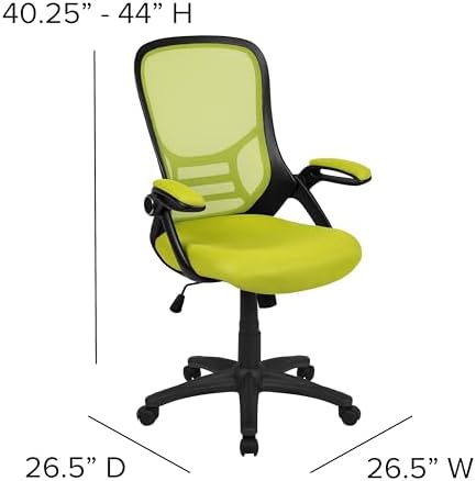 Flash Furniture Porter Mesh High Back Ergonomic Swivel Office Chair with Lumbar Support, Flip-Up Arms, Tilt Lock/Tilt Tension, Height Adjustable, Black/Green Frame