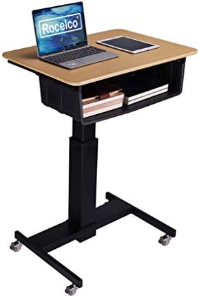 Rocelco 28" Height Adjustable Mobile School Standing Desk with Book Box Bundle- Quick Sit Stand Up Home Computer Workstation - Gas Spring Assist Office Laptop Riser Cart - Wood Grain (R MSD-28-BB)