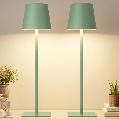 Kakanuo Green Cordless Rechargeable Table Lamp, 2 Pack Portable Desk Lamp with 5000mAh Battery, Touch Control Stepless Dimming, Wireless Night Light for Dining, Outdoor Camping