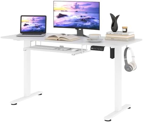 Electric Height Adjustable Standing Desk with Keyboard Tray, 55 * 24 Inch Sit Stand Up Desk, Ergonomic Computer Desk with 2 Headphone Hook for Home Office Sturdy Writing Workstation, Gaming