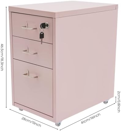3 Drawer File Cabinet with Lock, Freestanding Filing Metal Drawers Organizer Vertical Metal Rolling Organizer Movable Under Desk Cabinet with Wheels for Home Office Living Room Study (3 Tiers Pink)
