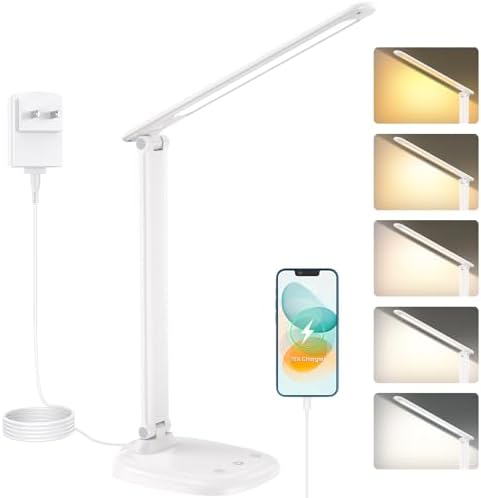 Desk Lamp with Charger, 10%-100% Stepless Dimmable & 5 Color Modes Study Lamp, Touch Control, 30-/60-minute Timer, USB Charging Output Port, CRI≥90, Eye-Caring Foldable LED Desk Lamps for Home Office