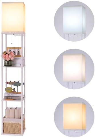 Gupuzm Floor Lamp with Shelves, Modern Square Standing Lamp with 3 Color Temperature Bulb, Corner Display Bookshelf Lamp for Living Room, Bedroom and Office（White）