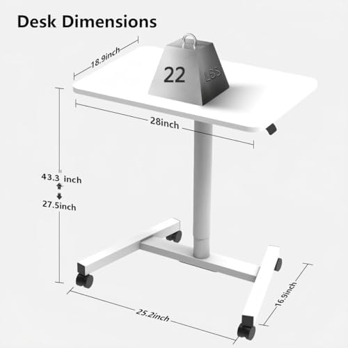 28-Inch Mobile Standing Desk, Computer Workstations with Cup Holder, Portable Standing Desk with Lockable Wheels, Rolling Table for Home Office Classroom Hospital (White)