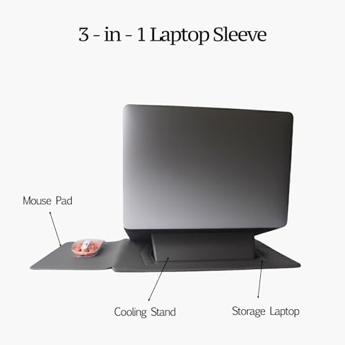 4-in-1 Laptop Sleeve with Stand and Mouse Pad, Faux Leather Protective Case with Accessory Pouch for 13.3-14 Inch Laptops, Grey