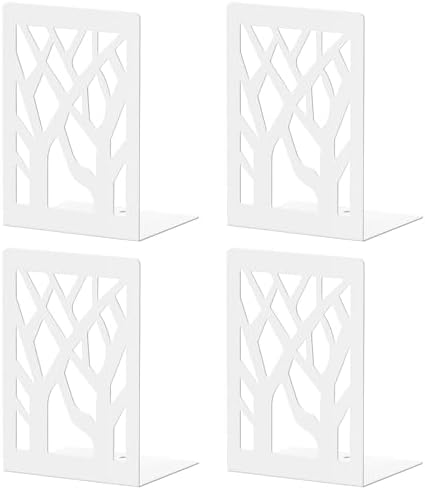VFINE Withe Bookend 4-Piece, Tree Design Bookends for Shelves, Metal Book Ends for Desk, Decoration Stylish Bookshelf Bookends for Home Office School Supplies