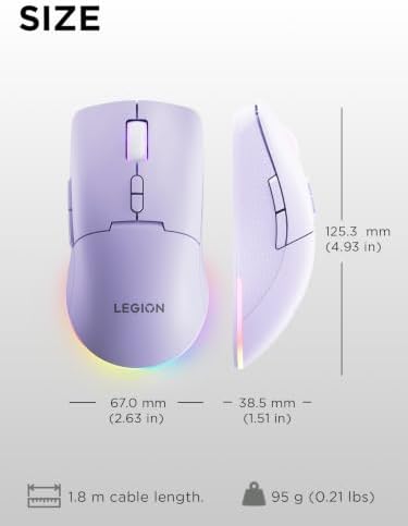 Lenovo Legion M220 Wireless RGB Gaming Mouse, Tri-Mode (Bluetooth, 2.4GHz & Wired), 5000 DPI Optical Sensor, 2-Zone RGB Lighting, 100Hr Battery, 7 Buttons, USB-C Rechargeable, Aurora Purple