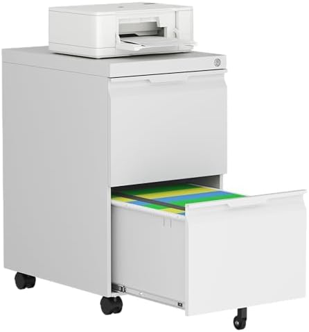 File Cabinet with Lock, 2 Drawer Mobile File Cabinet with Wheels, Metal Vertical File Cabinets for Home Office, Rolling Filing Cabinets Under Desk Storage for Letter/Legal/A4 Files