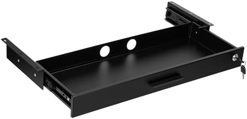 Menkxi 24'' x 9'' Under Desk Drawer Slide Out Storage Organizer, Lockable Metal Desk Drawer for Laptop and Office Accessories, Large Hidden Under Table Storage Box with Cable Management, Black