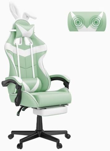 Huracan Gaming Chair with Footrest, Ergonomic Computer Chair Lumbar Support, Adjustable High Back Recliner for Adults, Racing Style Video Gaming Chairs, for Home Office Streaming, Light Green