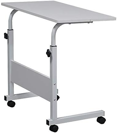 Standing Desk - Side Table Adjustable Height, Portable Laptop Cart, C-Shaped Bed Couch end Tables with Edge Stopper - Wheels for Living Room Bedroom Walking Pad Treadmill 31.5Inch White