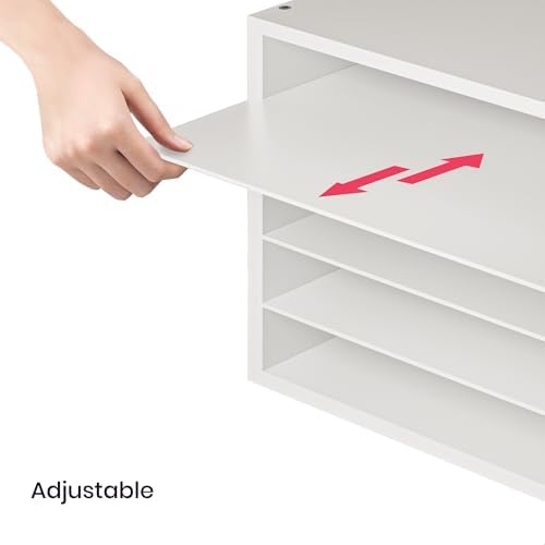 Ballucci 5 Tier Paper Organizer Letter Tray, Wood Desk File Organizer with Adjustable Shelves, Home Office School Letter/A4 Mail Sorter Magazine Holder - White