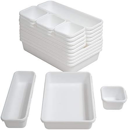 BYCY 18 Pcs White Drawer Organizers Trays Set Drawer Dividers for Kitchen Office Bathroom, Interlocking Bin Pack (18 Pieces)