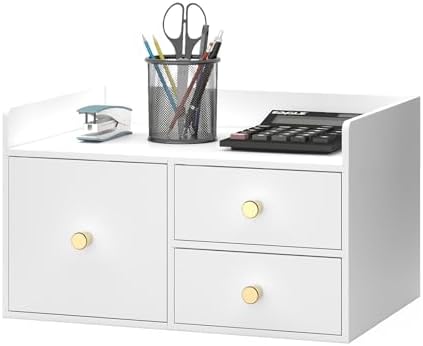 Bamboo Desk Organizer with Drawers,Wooden Desktop Storage (3 Drawer,White)