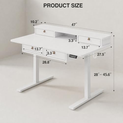 Grandder Electric Standing Desk with Four Drawers, Sit to Stand Up Height Adjustable Desk with Storage Shelf for Home Office, 47 * 28 Inch, Study, Ergonomic Adjustable Computer Desk, White