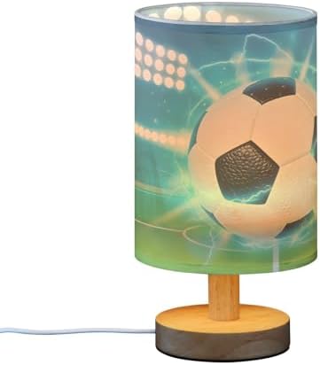 Bedside Lamp Soccer Ball on Field Table Lamp for Bedroom LED Nightstand Lamp Shade USB Ports Wood Base for Living Room Dorm Office