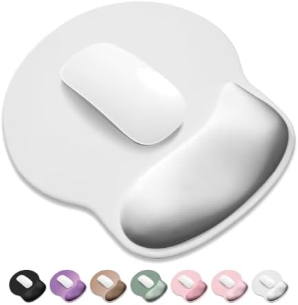 ITNRSIIET Ergonomic Mouse Pad with Wider Memory Foam Wrist Rest +17% - Curved Cushion Reduces Pressure 20%, Pain Relief, Non-Slip, Smooth, Cute Colors, 9.85 x 9 in, White