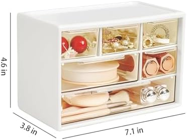 Small Drawer Organizer for Desk, 7.1" x 3. 8" x 4.6" Mini Desktop Drawer Organizer with 6 Clear Drawers, Plastic Desktop Craft Storage Box for Desk Office School Home (White)