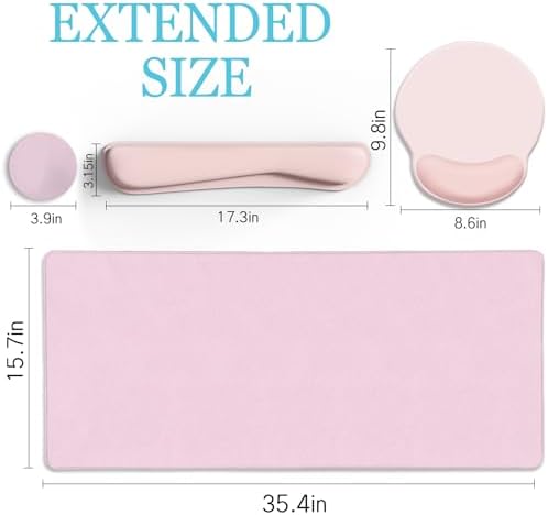 LIMKRIAN Pink Desk Mat Set, Mouse Pad with Wrist Rest & Keyboard Support