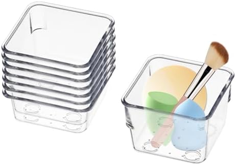 8 PCS Stackable Clear Drawer Organizers 3" x 3" x 2" Square Trays Small Makeup Vanity Storage Bins Clear Desk Drawer Organization Container Dividers for Office Bathroom Kitchen Utensil
