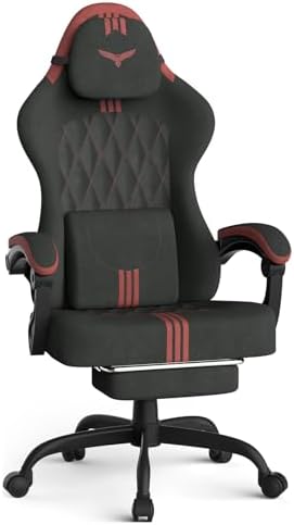 Ferghana Velvet Fabric Gaming Chair – Wider Seat Cushion, Diamond Double-Stitching, Ergonomic High Back with Footrest, Computer Gamer Chair Featuring Massage Lumbar Support for Adults (Black/Red)