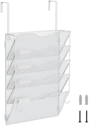 BOHDK Wall File Organizer, Hanging File Folder Organizer, Vertical Mesh Metal Door/Wall Mount Hanging File Holder. Paper Document Magazine Rack with Hooks for Home Office Black (5 Pockets White)