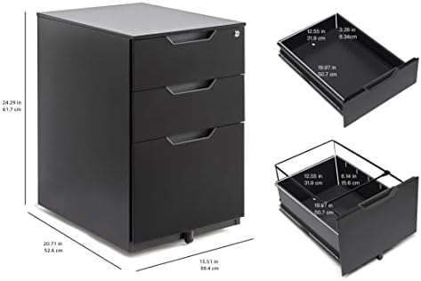 Amazon Basics 3-Drawer Mobile File Cabinet with Lock, Rolling Filing Cabinet for Hanging Files, Black, 20.71" D x 15.51" W x 24.29" H