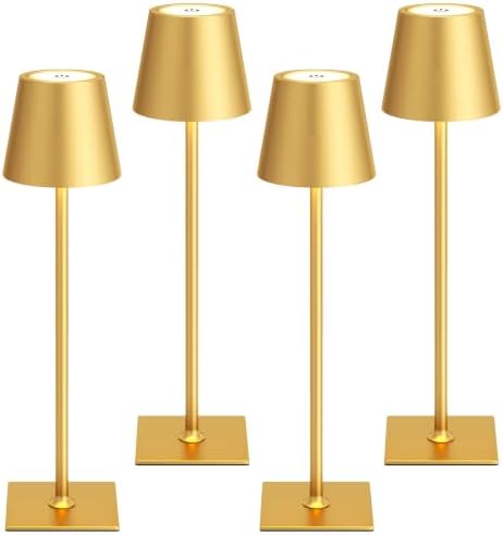 Kakanuo Gold Cordless Rechargeable Table Lamp 5000mAh Battery Operated Lamps, 3 Colors Stepless Dimming Touch Lamp for Dining, Living Room, Outdoor Patio, Kitchen Counter, 4 Pack