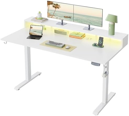 Klicelor Electric Standing Desk with Shelf, 63 Inch Height Adjustable Desk with Power Outlets & LED, Sit Stand Up Table with Monitor Stand, Computer Workstation for Home Office, White