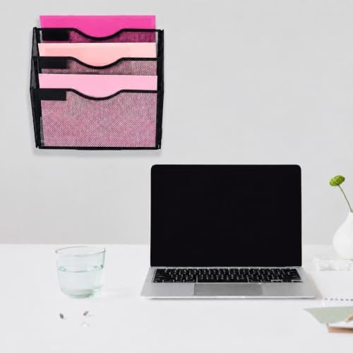3 Pockets Mesh Wall File Holder Organizer Office Hanging File Folder Magazine Rack, Nametag Label Hooks Set Included (Black)