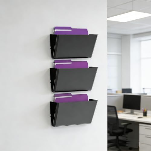 MINDEPOT 3 Pockets Acrylic Wall File Organizer, Wall File Holder Black