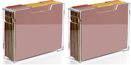 DINGHUO Acrylic File Organizer Box Letter Size Hanging File Organizer, Clear Portable File Folder Box with Handle, Filing Crate Bin Holder for Desk, Office, Home, School - 2 Pack