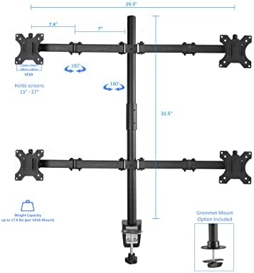 Rocelco Premium Quad Monitor Desk Mount - Standard Pattern Fits Four 13" - 27" LED LCD Flat Computer Screen - Double Articulated Full Motion Adjustable Arms - Grommet and C Clamp - Black (R DM4)