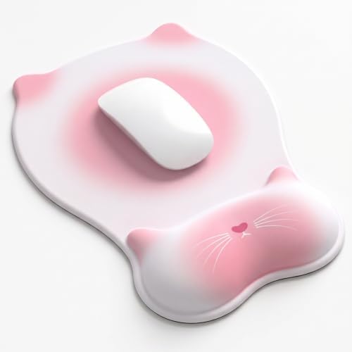 Gel Mouse Pad with Wrist Rest for Mouse Ergonomic Cat Mouse Wrist Rest Non-Slip Silicone Cute Mousepad with Wrist Support for Computer Desk Gaming Laptop Home Office Desk Accessories White Pink