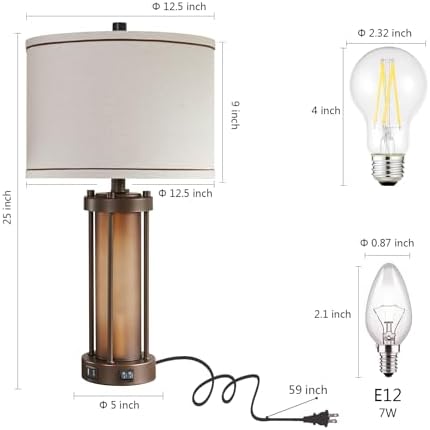 Set of 2 Farmhouse Table Lamps for Living Room with 2 USB Charging Ports