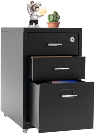 3 Drawer Rolling File Cabinet with Lock, Metal Filing Cabinet with Wheels, Desk Organizer with Drawer, Under Desk Storage for Home Office