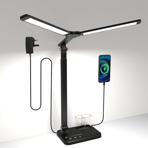 Woputne LED Desk Lamp Dual Heads, Dual USB Port, Height Adjustable, 15W