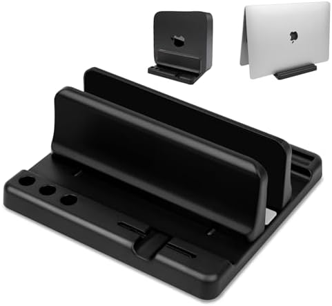 Vertical Laptop Stand Holder, ABS Organizer with Adjustable Dock, 3/4 in 1 Design Extra Storage Space-Saving, Sturdy Laptop Computer Holder for PC, MacBook, Mini PC, iPad (Black, 1 Slot)