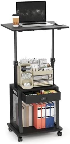 Height Adjustable Standing Desk with Wheels,Mobile Sit Stand Up Desk with Drawer,Rolling Laptop Computer Desk with storage,Portable Podium Teacher Stand Desk,Narrow Walking Pad Desk for Home Office