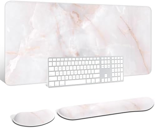 Auhoahsil Large Mouse Pad with Wrist Rests for Keyboard & Mouse, Thick Soft Ergonomic Memory Foam Wrist Supports, Big & Long Desk Mat 35.5 x 15.7 in, for Office Gaming Computer, White Marble